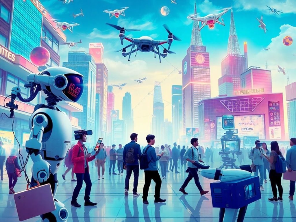 Tehnologii futuriste și interacțiune umană în oraș modern.