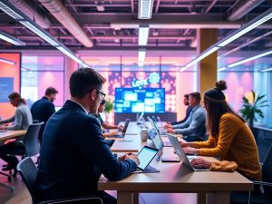 BizSmart 37 Spațiu de lucru modern cu persoane și tehnologie digitală.