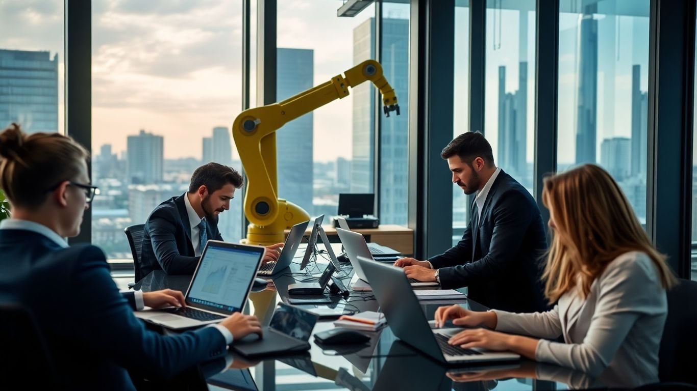 Profesioniști români colaborând într-un birou modern cu tehnologie.