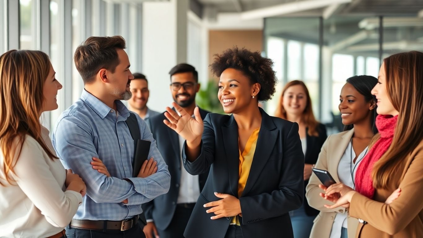 Lideri adaptivi discutând într-un mediu de birou modern.