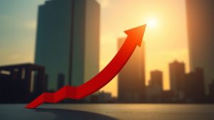 Săgeată ascendentă pe fondul steagului României.